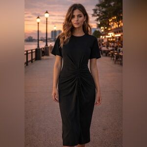 NWOT Frame Denim Black Ruched Front Tie Midi/Maxi Dress Size S Short Sleeve